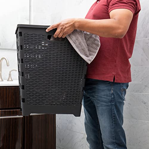 Mind Reader 61L Foldable Laundry Hamper, Clothes Basket, Lid, Wicker Design, Plastic, 18"L x 14.5"W x 21.25"H, Black - color: Black