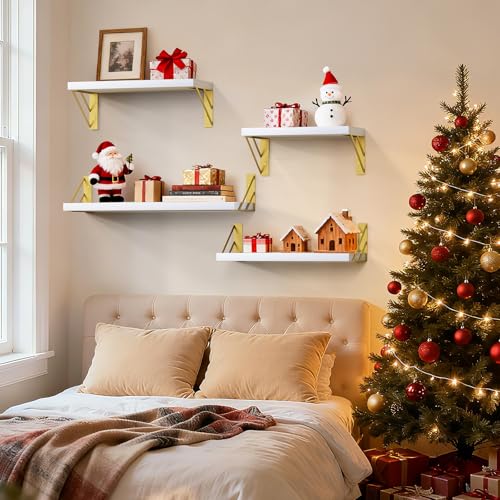 BAYKA Wall Shelves for Bedroom Decor, Floating Wall Shelf for Living Room Kitchen Storage, Mounted Rustic Wood Shelves for Kids Books, Christmas Decorations for Room(White and Gold，Set of 4) - color: B. White Board & Gold Brackets, size: 16-inch Mixed