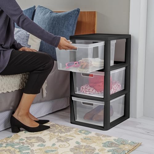Plastic Drawer Wide Tower Plastic Storage Cart with Clear Pull Out Drawers, Black (Black, 3 Drawer Wide Tower) - color: Black