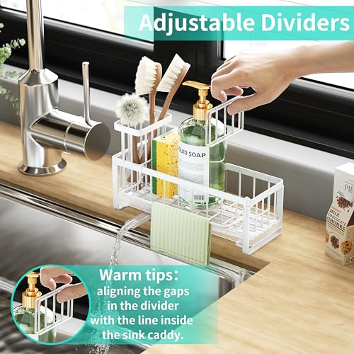 HapiRm Sponge Holder for Kitchen Sink - Self-draining Sink Caddy with Brush and Dishcloth Holders, Stainless Steel Kitchen Organizer for Countertop - White - color: White, size: with Dishcloth Holder