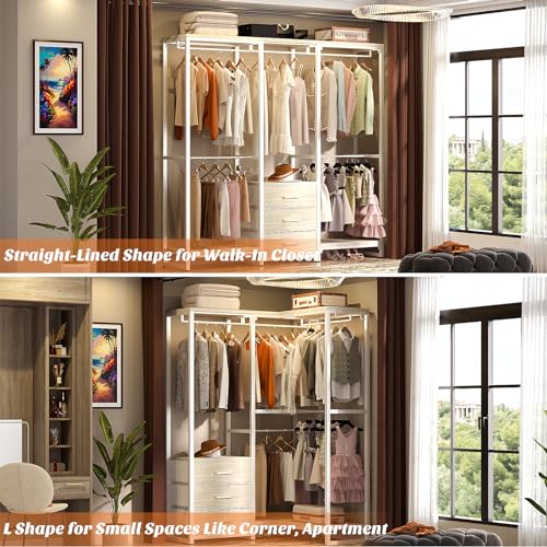 Aheaplus Garment Rack Heavy Duty Clothes Rack for Hanging Clothes,Clothing Racks with Drawers, Wood Stoarge Shelf Freestanding Closet Wardrobe, Corner L Shaped Closet System Organizers, White Oak - color: White Oak