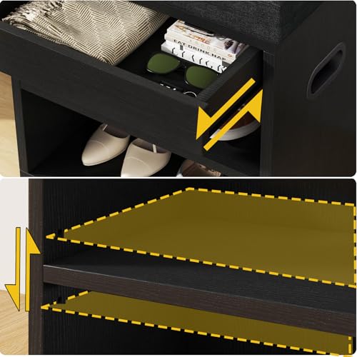 YMYNY Small Shoe Storage Bench with Cushion and Drawer, 2 Tier Adjustable Entryway Bench with Storage, Wooden Shoe Rack Bench for Entryway, Living Room, Hallway, Closet, Bedroom, Black, HSC002B - color: Black
