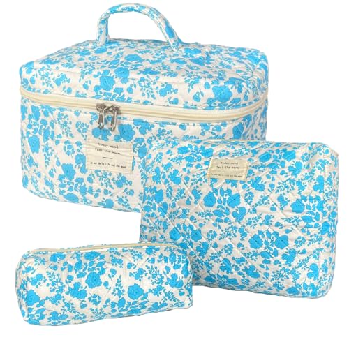 Lake Blue Large Quilted Floral Makeup Bag Set of 3 Cute Coquette Aesthetic Cosmetic Bag Set Travel Toiletry Bag for Women - color: B-3Pcs Lake Blue