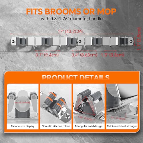5 Grippers Broom Holder Wall Mount with 4 Hooks Stainless Steel Mop and Broom Organizer Self Adhesive or Screw Fixing for Garden Tool Rack Closet Laundry Room Kitchen Garage Storage Utility Hook - color: A-Silver, size: 5PCS Gripper