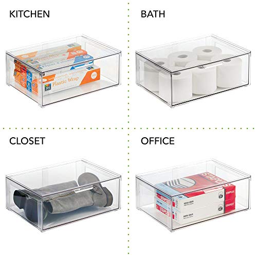mDesign Plastic Stackable Closet Storage Organizer Bin Containers with Front Pull Drawer for Cabinet, Desk, Shelf, Cupboard, or Dresser Organization - Lumiere Collection - Clear - size: 16 x 12 x 6 (Pack of 1)