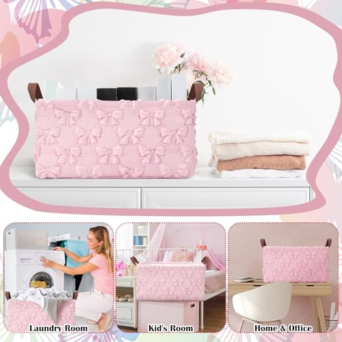 Kathfly 3 Pcs Bow Foldable Storage Baskets Pink Bow Plush Faux Fur Jacquard Design Laundry Basket with Handles Waterproof Storage Bins Fabric Shelf Baskets for Organizing Closet Clothes - style: Pink Bow