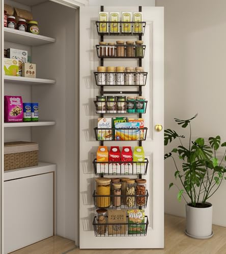 Mefirt 12 Inch Wide Narrow Over The Door Pantry Organizer, Pantry Organization and Storage, Black 8-Tier Metal Hanging Deep Basket Wall Spice Rack Seasoning Shelves, Home & Kitchen Essentials - color: Black, size: 8-Tier (12"W)