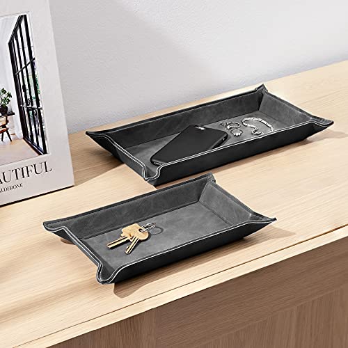 Navaris Faux Leather Valet Tray Set of 2 - Catch All Tray for Key Entryway Table Nightstand - Catchall for Keys Watch Remote Phone - Valet Storage for Men - Mens Storage Dish - color: Black