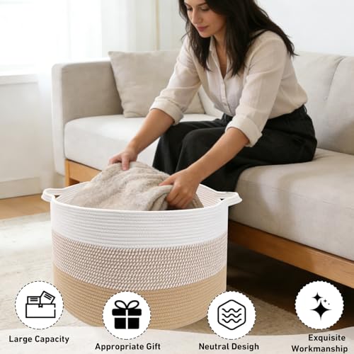 65L Large Blanket Basket, 19.7" L x 19.7" W x 13" H Cotton Rope Woven Storage Basket,Laundry Hamper for Toys, Clothes, Pillows & Towels, Perfect for Living Room, Nursery & Bedroom,Yellow - color: Yellow, size: 19.7"L x 19.7"W x 13"H(65L)