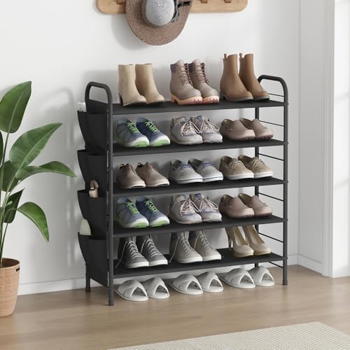 SUOERNUO Shoe Rack Storage Organizer 5 Tier Free Standing Metal Shoe Shelf Compact Shoe Organizer with Side Bag for Entryway Closet Bedroom,Black - color: Black, size: 5 Tier