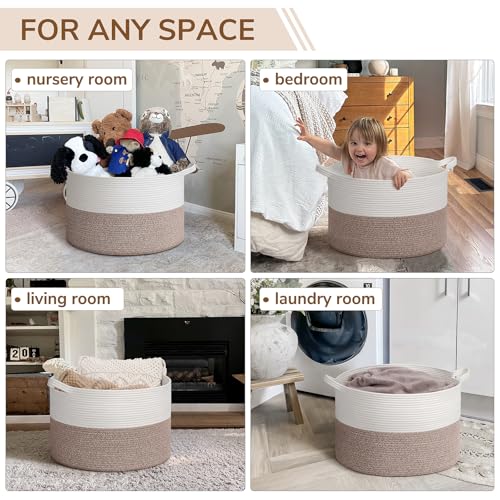 INDRESSME Large Blanket Basket, Laundry Toy Storage Baskets, Decorative Woven Basket for Living Room & Nursery, Baskets for Gifts Empty, Laundry, Dog Toys, Towels, White & Brown, 19.7" D x 12.6" H - color: White & Brown, size: 19.7"D x 12.6"H