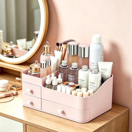 MIUOPUR Makeup Organizer with Drawers, Bathroom Counter Organizer, Plastic Cosmetic Display Case, Large Skincare Storage for Vanity Countertop, Ideal for Bedroom Dresser top and Desktop - color: Pretty Pink