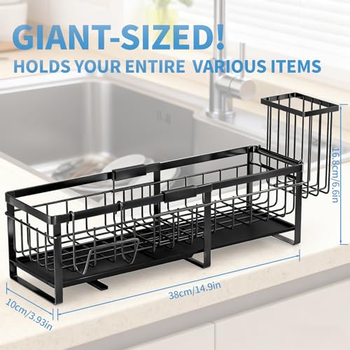 Aurblozen Extra Large Extendable Sponge Holder for Kitchen Sink, Rustproof Sink Caddy Organizer with High Brush Holder, Dish Soap Dispenser Organizers and Storage (Black) - color: Black