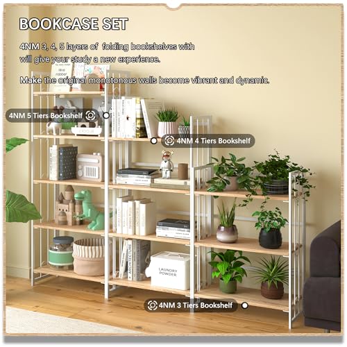 4NM No Assembly 5 Tiers Folding Bookshelf, 59.4" H Foldable Storage Shelves Vintage Bookcase Standing Racks Study Organizer Home Office - Natural White - color: Natural White, size: 5-Tier