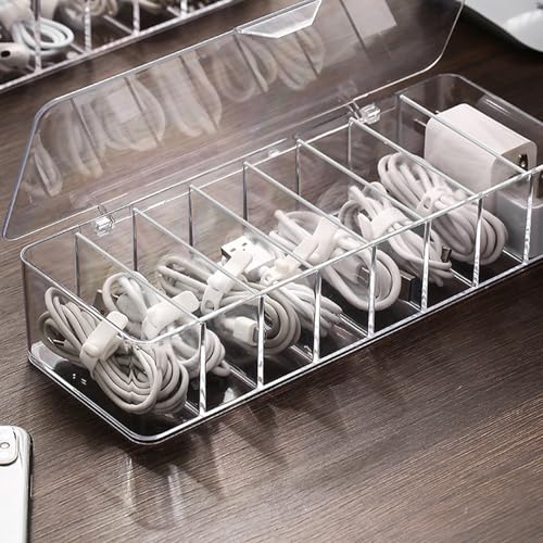 Cable Organizer Kit with 8-Compartment Cord Storage Box (without Lid) and 10 Wire Ties, Clear Plastic Desk Organizer for Cables, Chargers, Accessories for Home Office - size: Without Lid