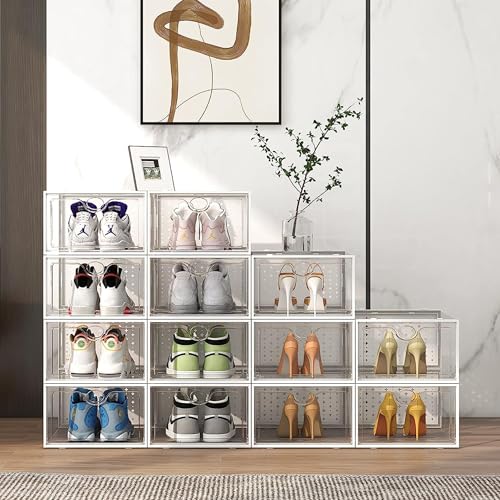 Pinkpum XXL Larger Shoe Storage Boxes Fit Size 14, Clear Plastic Stackable Shoe Organizer 6 Pack Sneaker Storage for Sneakerheads Shoe Containers - color: White, size: 6 Pack XX-Large