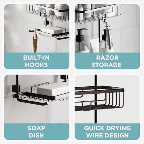 Zenna Home Rustproof Hanging Shower Caddy, Over the Shower Head Caddy with 2 Shelves and Built In Hooks, Aluminum Bathroom Hanging Organizer, Bronze - color: Bronze