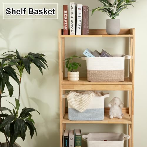 OIAHOMY Woven Storage Basket for Shelves, Rectangle Cotton Rope Baskets for Organizing, 13 x 10 x 9 in, Storage Bins for Dog Toys,Towel,Books,Gift,Brown and White - color: Brown and White, size: 13"x10"x9"