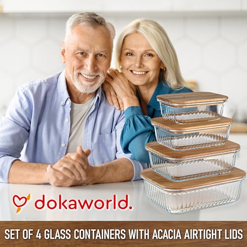 Set of 4 Stackable Space-Saving Nesting Glass Bowls with Airtight Acacia Lids for Lunch, Meal & Food Prep - Microwave & Oven-ready BPA Free Durable Heat Resistant Inert Borosilicate Glass - color: 4 Containers with Acacia Lids (Ribbed)