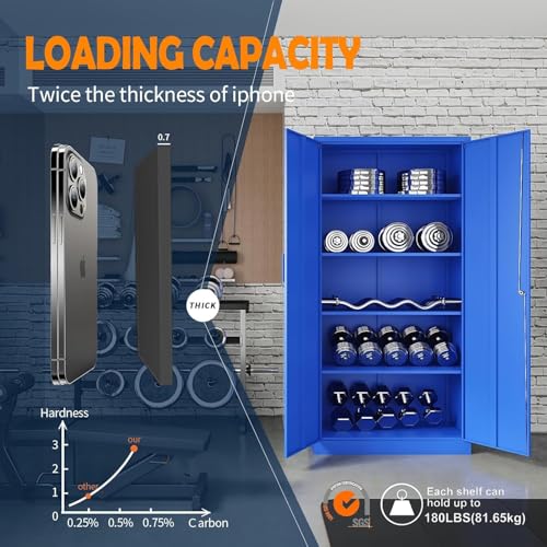 Yizosh Metal Garage Storage Cabinet with 2 Doors and 5 Adjustable Shelves - 71" Steel Lockable File Cabinet,Locking Tool Cabinets for Office,Home,Garage,Gym,School (Blue) - color: Blue, size: 71"H x 32"W x 16"D-A