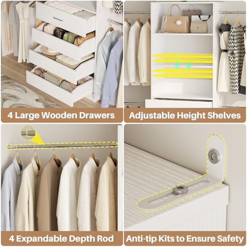 Aheaplus 4-9Ft Closet System, Closet Organizer with 4 Wooden Drawers, Wood Closet Organizer System with Tower, Walk-in Closet Organizer Wardrobe and Storage with 4 Hanging Rods, 11White - color: White-1Set