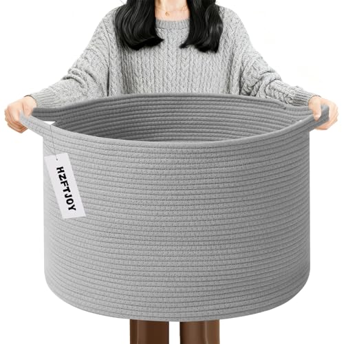 90L Extra Large Blanket Basket,Woven Rope Laundry Basket Hamper with Handles, Decorative Nursery Basket Storage Bin for Toys, Clothes Organizer, Living Room, Bedroom, Bathroom, Light Grey - color: Light Grey, size: 21.7"L x 21.7"W x 13.8"H（90L)
