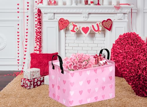 Valentine's Day Gift Basket Pink Heart Print Box Hamper Storage Basket Collapsible Organizer Bin Gift Shelf Baskets for Home and Kitchen Storage - color: pink three-heart