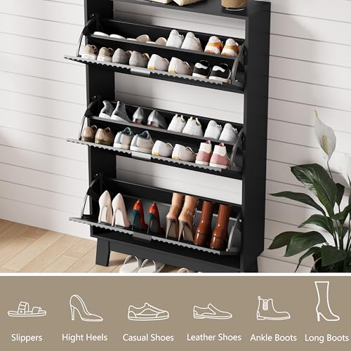 Shoe Cabinet Storage for Entryway with 3 Flip Drawers, Fluted Narrow Shoe Organizer with Wooden Legs, Freestanding Slim Shoe Storage Hidden Shoe Rack Organizer for Front Door Entrance, Hallway, Black - color: Black, size: 3 Drawer
