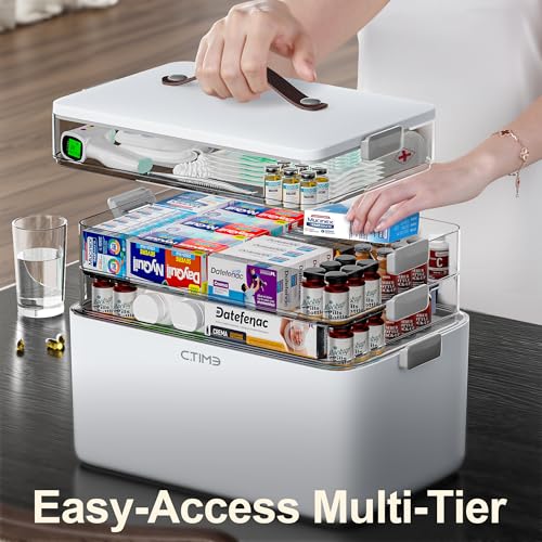 CTIME 4-Tier XL Medicine Organizer - Portable Medicine Cabinet with Leather Handle, Empty First Aid Kit for Home Organization Must, School, Dormitory, Travel, RV, Dorm, Ideal Elderly Gift - size: Extra Large 4-Tier