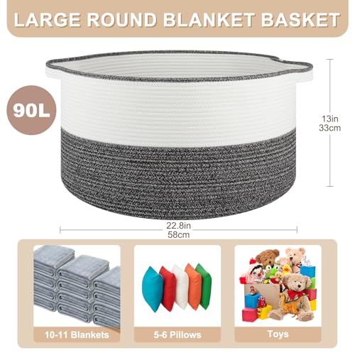 OIASKET Large Blanket Basket with Handles, 22.8" x 22.8" x 13" Woven Storage Basket for Living Room, Cotton Rope Baby Toy Storage for Clothes, Pillows, Towels-Black & White - color: Black and white, size: 90L