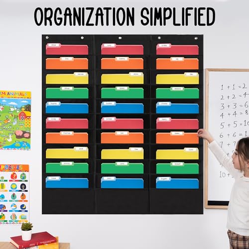 Essex Wares - 30 Pocket File Pocket Chart, Black, 42" Wide x 47" Tall - Versatile Wall Hanging File Folder Organizer for Classroom, Office, Home, and More - Wall Folder Organizer - 30 Pockets - size: 30 Pocket