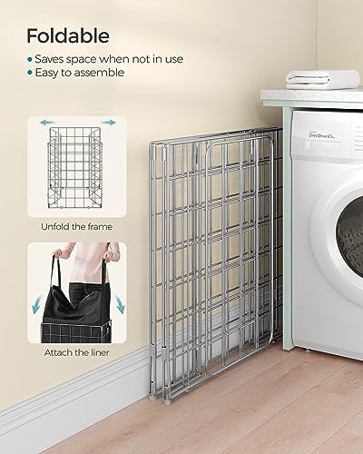 SONGMICS Laundry Hamper, 23.8 Gal. (90L) Laundry Basket, Collapsible Clothes Hamper, Removable and Washable Liner, Metal Wire Frame, for Bedroom Bathroom, Silver and Classic Black ULCB190B01 - color: Silver + Classic Black, size: 90 L