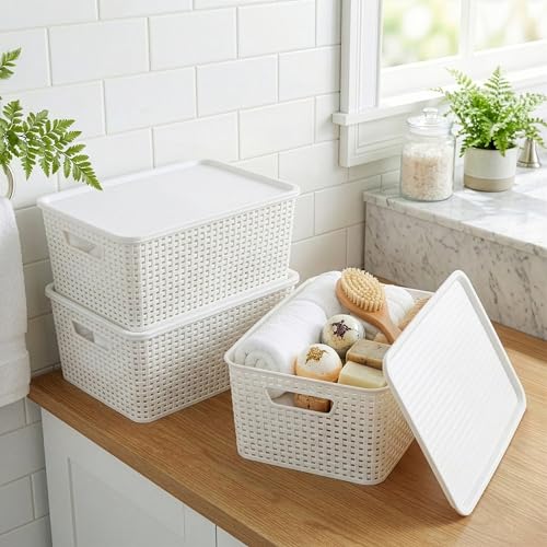 BINO | Plastic Storage Baskets with Lids, 15.5 Liter - 3 Pack, White | THE WOVEN COLLECTION | Storage Basket for Shelves Woven Storage Baskets for Organizing Bins Pantry Shelf Organizer Container Bin - color: White, size: 13.5L | 3-Pack