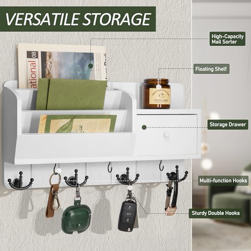 Rebee Vision Key Holder Wall Mount and Mail Organizer : Farmhouse Key and Mail Holder for Wall with Drawer and 7 Key Hooks - Decorative Home Organization for Wall Decor Aesthetic (White) - color: White