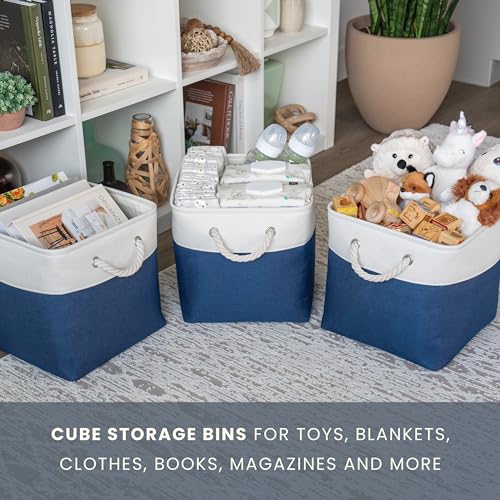 OrganiHaus 11x11 Cube Storage Bins 4 Pack, Foldable Cube Storage Organizer w/ Rope Handles, Collapsible Fabric Bins for Toys, Clothes & Closet Organization, Fabric Square Baskets - Navy Blue - color: Navy Blue Base / Off-White, size: 4 pcs (11x11)