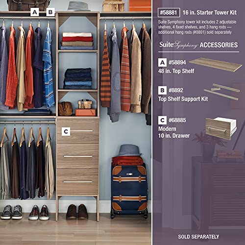 ClosetMaid SuiteSymphony Wood Closet Organizer Starter Kit with Tower and 3 Hang Rods, Shelves, Adjustable, Fits Spaces 4 – 9 ft. Wide, Natural Gray - color: Natural Gray, style: Starter Tower Kit