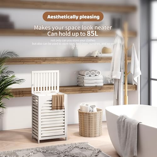 FILWH Laundry Hamper with Lid (16.9 * 13 * 26.5inches) Large Bamboo Laundry Bin Basket 85L Clothes Hamper with 1 Removable Bag Storage baskets for Bathroom (White) - color: White