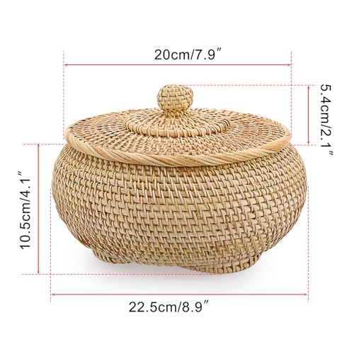 Hipiwe Round Rattan Basket Box with Lid Hand-Woven Wicker Basket Bin Tray Multi-Purpose Picnic Food Bread Storage Basket Decorative Box for Home Bathroom Shelf Organizing, Small - size: Small,7.9"D x 4.1"H