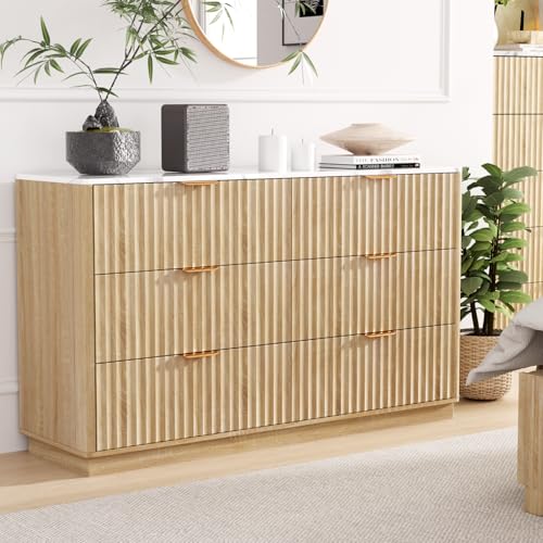 VOWNER Fluted 6 Drawers Dresser for Bedroom, 54" Wide Modern Chest of Drawers with Metal Handle, Closet Clothes Storage Organizer, Wood Dresser TV Stand for Living Room, Closet, Hallway, Entryway - color: Oak & Marble
