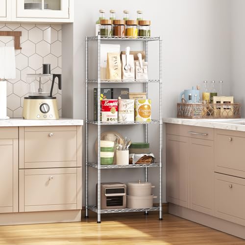 HOMEFORT 5-Shelving Unit, Adjustable Wire Shelving, Metal Wire Shelf Rack Organizer for Kitchen, Pantry, Closet, Bathroom, Laundry,Sliver,21" W x 11" D x 53" H - color: Silver, size: 21"W x 11"D x 53"H