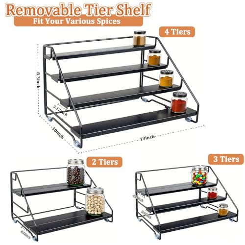 4 Tier Spice Rack Organizer for Cabinet, Step Adjustable Spice Shelf Seasoning Organizer with Non Slip Tiers, Expandable Metal Spice Rack for Kitchen Countertop, Pantry, Cupboard – Black