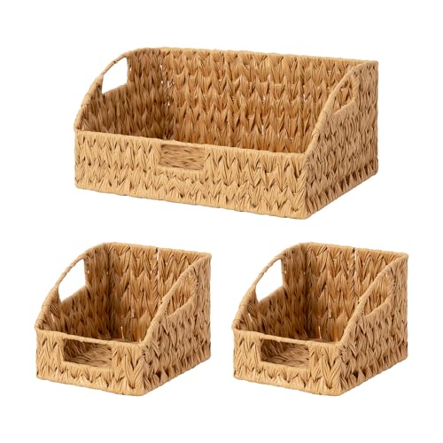 GRANNY SAYS Wicker Storage Basket for Shelves, Wicker Basket with Handles, Trapezoid Woven Baskets for Storage, Decorative Baskets for Home Decor, Natural, 3 Pack - color: Natural, size: 10¾"D x 17"W x 7½"H + 2x 9½"D x 7½"W x 6¾"H