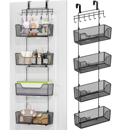 HapiRm Over The Door Organizer - Hanging Door Organizer with 4 Metal Large Capacity Baskets and Adjustable Coat Hook for Bathroom Bedroom Kitchen Pantry Closet Cabinet - color: Black