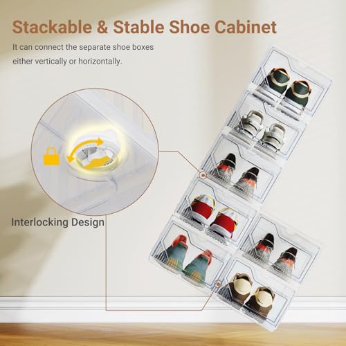 XX-Large Shoe Sneaker Storage Boxes for Size 14, Stackable & Thicken Clear Plastic Shoe Organizers 8 Packs for Entryway Closet Under Bed, Shoe Storage Cabinets Container Display Case w/ Magnetic Door - size: 8 packs