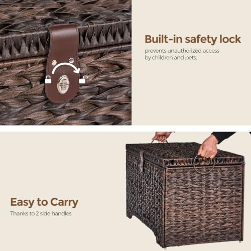 Honjourai Handwoven Storage Basket with Lid, 165L Plastic Rattan Storage Bin, Leather Buckle & Metal Frame, Large Metal Ring Handles, Storage Trunk for Bedroom, Laundry Room - color: Brown PE Rattan, size: 165L-Flat Lid