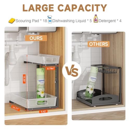 ETOYA 2 Pack Under Sink Organizer Kitchen, 2-Tier Pull Out Cabinet Organizer, L-Shaped Adjustable Height, Acrylic Under Sink Storage Shelf for Kitchen, Bathroom Vanity & Utility Closet - color: black