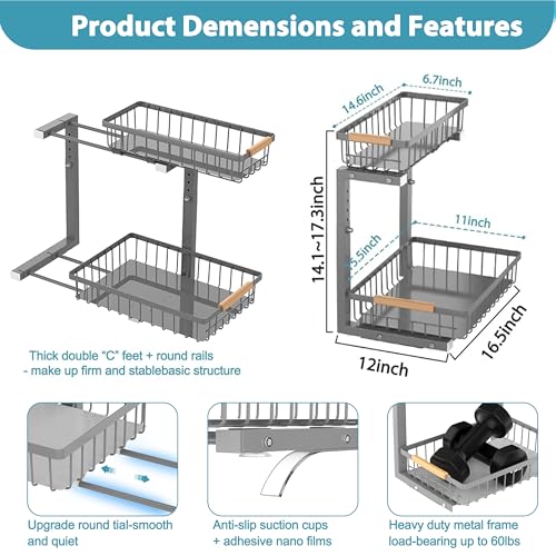 Liuoud Under Sink Organizer 2 Pack, 2 Tier Slide Out Large Capacity Height Adjustable Under Sink Organizers and Storage for Kitchen Bathroom Cabinet, Grey - color: Gray