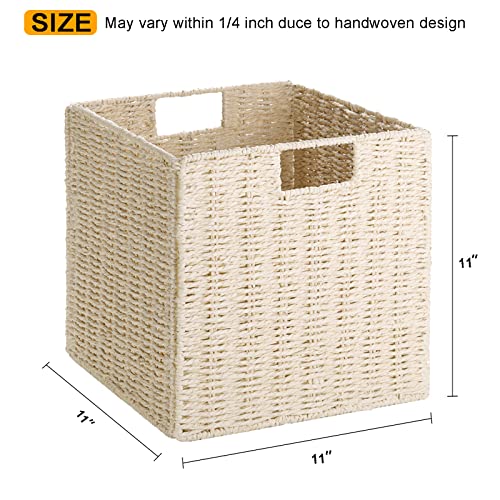 Vagusicc Wicker Storage Basket, Set of 2 Hand-Woven Paper Rope Storage Baskets, Foldable Cube Storage Organizer Bins, 11 Inch Wicker Storage Baskets for Shelves and Decor, Square Storage Basket, Beige - color: Beige, size: 11'' x 11'' x 11''