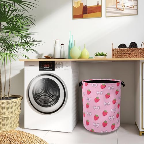 Cute Strawberry Laundry Basket,Bow Foldable with Handles Tote Bag Oxford Cloth for Bathroom Bedroom Dirty Clothes Storage Bucket 16" x 20.8" - color: Cute Strawberry Bow