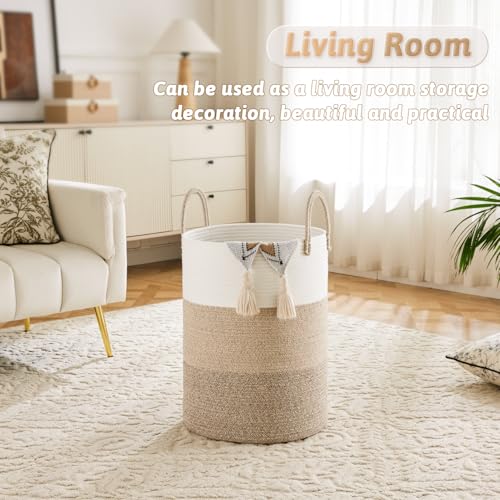 Artfeel Laundry Basket,Woven Cotton Rope Laundry Hamper,40L for Decorative Storage of Dirty Clothes,Toys and Blankets in Bathroom,Bedroom and Living Room - color: Brown & White, size: 40L